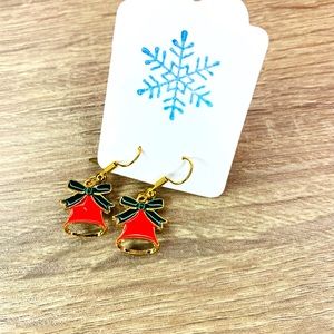 Gold tone red enamel bell Christmas boutique earrings
